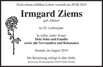 Traueranzeige von Irmgard Ziems (geb. Jahnert)  von Magdeburger Volksstimme