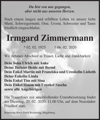 Traueranzeige von Irmgard Zimmermann  von Magdeburger Volksstimme
