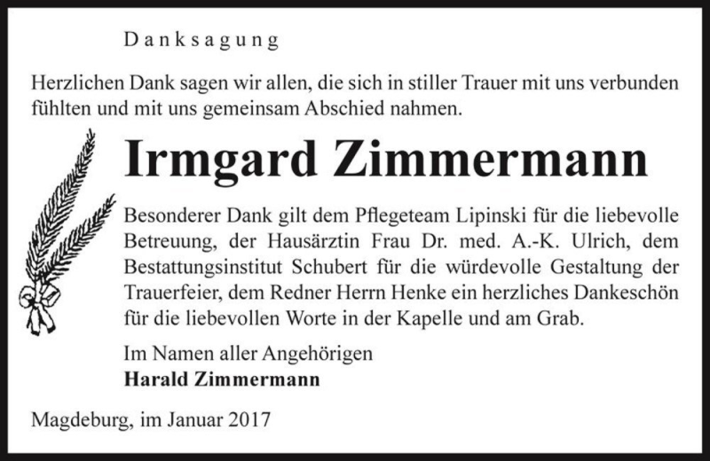  Traueranzeige für Irmgard Zimmermann  vom 28.01.2017 aus Magdeburger Volksstimme