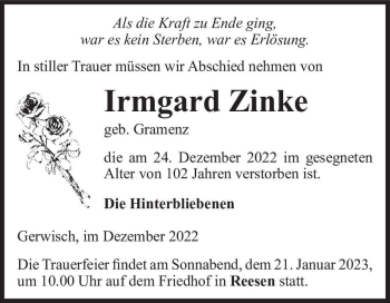 Traueranzeige von Irmgard Zinke (geb. Gramenz)  von Magdeburger Volksstimme