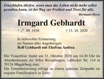 Traueranzeige von Irmgardt Gebhardt  von Magdeburger Volksstimme