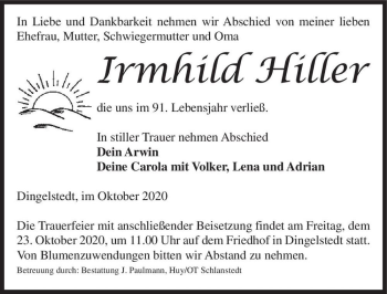 Traueranzeige von Irmhild Hiller  von Magdeburger Volksstimme