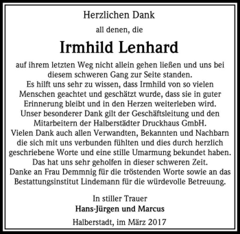 Traueranzeige von Irmhild Lenhard  von Magdeburger Volksstimme