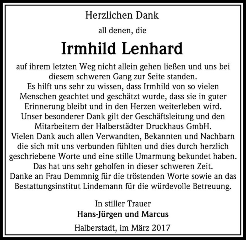  Traueranzeige für Irmhild Lenhard  vom 11.03.2017 aus Magdeburger Volksstimme
