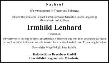 Traueranzeige von Irmhild Lenhard  von Magdeburger Volksstimme