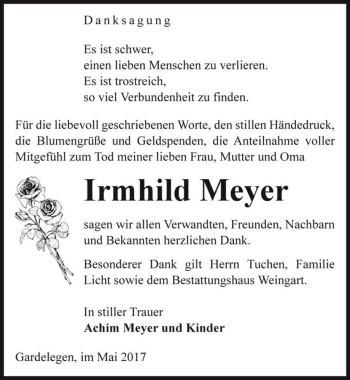 Traueranzeige von Irmhild Meyer  von Magdeburger Volksstimme