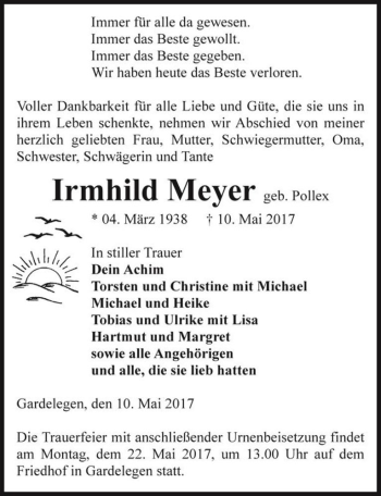 Traueranzeige von Irmhild Meyer (geb. Pollex)  von Magdeburger Volksstimme