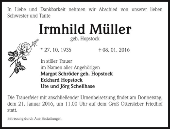 Traueranzeige von Irmhild Müller (geb. Hopstock)  von Magdeburger Volksstimme