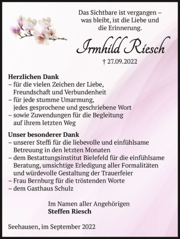 Traueranzeige von Irmhild Riesch  von Magdeburger Volksstimme