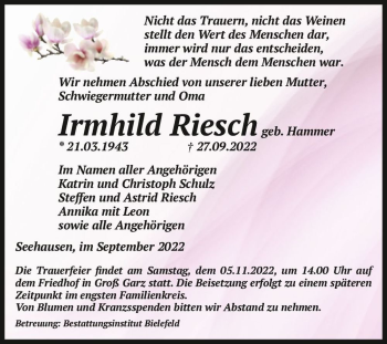 Traueranzeige von Irmhild Riesch (geb. Hammer)  von Magdeburger Volksstimme