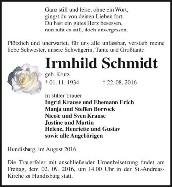 Traueranzeige von Irmhild Schmidt (geb. Krutz)  von Magdeburger Volksstimme