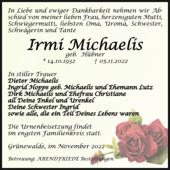 Traueranzeige von Irmi Michaelis (geb. Hübner)  von Magdeburger Volksstimme