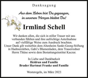 Traueranzeige von Irmlind Schell  von Magdeburger Volksstimme