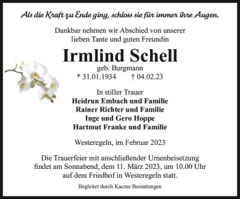 Traueranzeige von Irmlind Schell (geb. Burgmann)  von Magdeburger Volksstimme