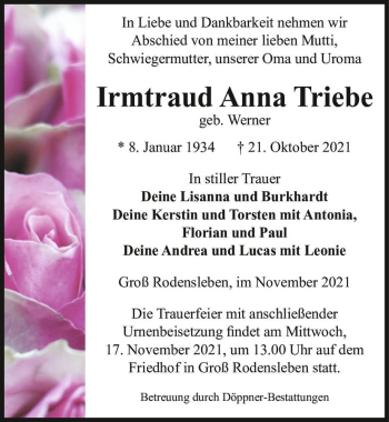 Traueranzeige von Irmtraud Anna Triebe (geb. Werner)  von Magdeburger Volksstimme