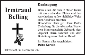 Traueranzeige von Irmtraud Belling  von Magdeburger Volksstimme