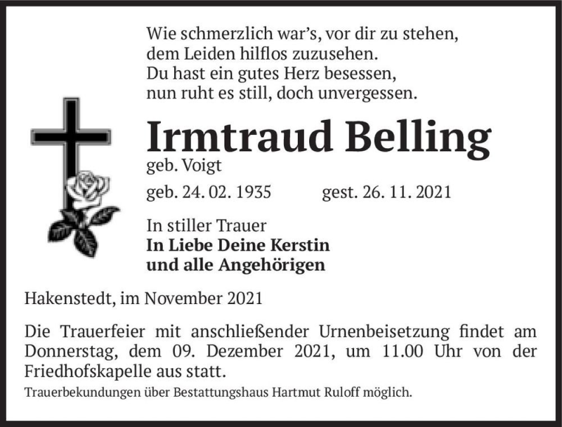  Traueranzeige für Irmtraud Belling (geb. Voigt)  vom 02.12.2021 aus Magdeburger Volksstimme