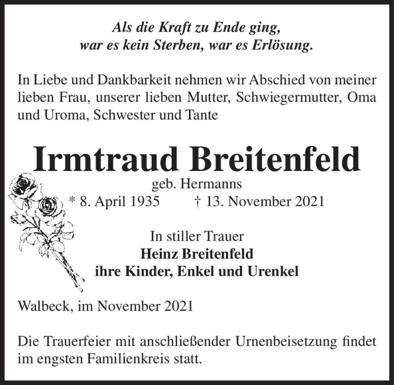  Traueranzeige für Irmtraud Breitenfeld (geb. Hermanns)  vom 16.11.2021 aus Magdeburger Volksstimme