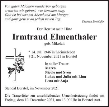 Traueranzeige von Irmtraud Elmenthaler (geb. Mikolait)  von Magdeburger Volksstimme