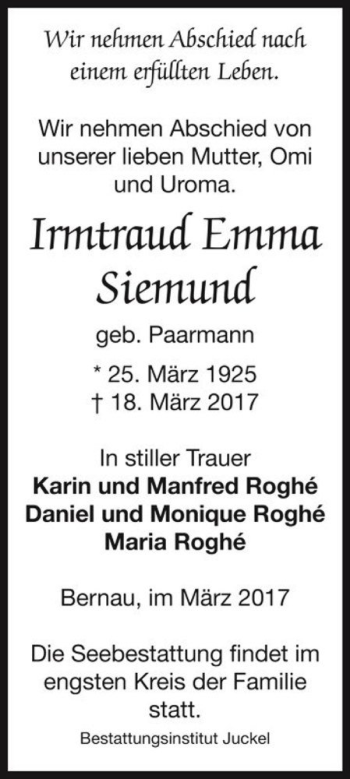 Traueranzeige von Irmtraud Emma Siemund (geb. Paarmann)  von Magdeburger Volksstimme