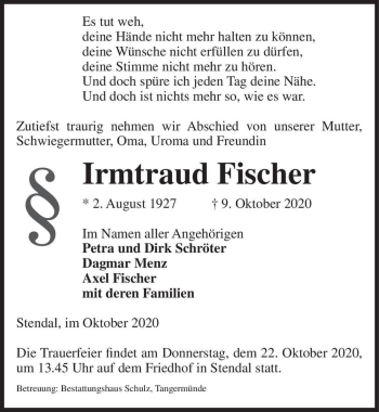 Traueranzeige von Irmtraud Fischer  von Magdeburger Volksstimme