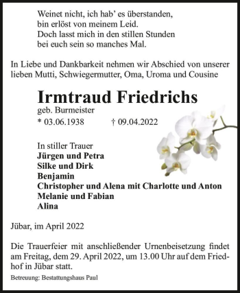 Traueranzeige von Irmtraud Friedrichs (geb. Burmeister)  von Magdeburger Volksstimme