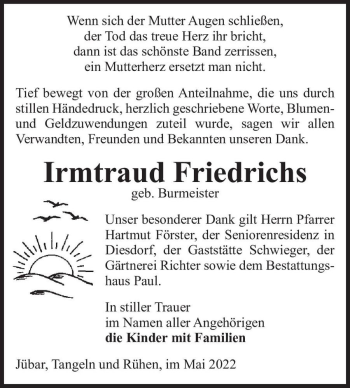 Traueranzeige von Irmtraud Friedrichs (geb. Burmeister)  von Magdeburger Volksstimme