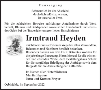 Traueranzeige von Irmtraud Heyden  von Magdeburger Volksstimme