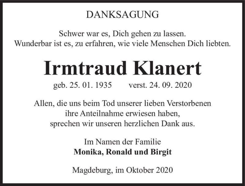  Traueranzeige für Irmtraud Klanert  vom 30.10.2020 aus Magdeburger Volksstimme