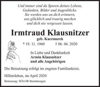 Traueranzeige von Irmtraud Klausnitzer (geb. Kaczmarek)  von Magdeburger Volksstimme