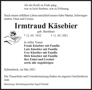 Traueranzeige von Irmtraud Käsebier (geb. Backhaus)  von Magdeburger Volksstimme