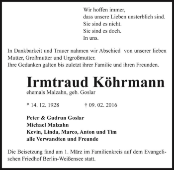 Traueranzeige von Irmtraud Köhrmann (ehemals Malzahn, geb. Goslar)  von Magdeburger Volksstimme