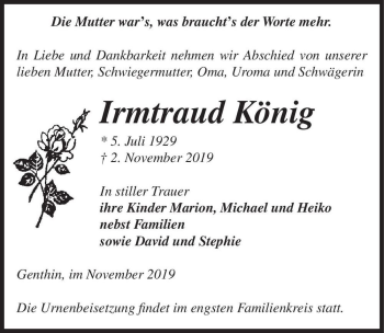 Traueranzeige von Irmtraud König  von Magdeburger Volksstimme