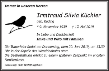 Traueranzeige von Irmtraud Küchler (geb. Keding)  von Magdeburger Volksstimme