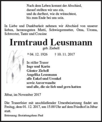 Traueranzeige von Irmtraud Leusmann (geb. Ziebell)  von Magdeburger Volksstimme