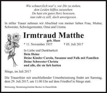 Traueranzeige von Irmtraud Matthe (geb. Hase)  von Magdeburger Volksstimme