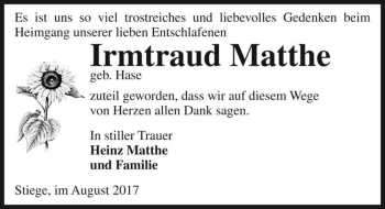Traueranzeige von Irmtraud Matthe (geb. Hase)  von Magdeburger Volksstimme