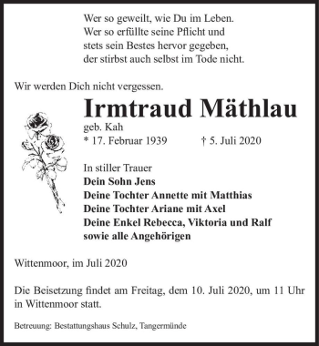 Traueranzeige von Irmtraud Mäthlau (geb. Kah)  von Magdeburger Volksstimme