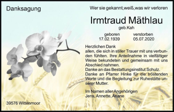 Traueranzeige von Irmtraud Mäthlau (geb. Kah)  von Magdeburger Volksstimme
