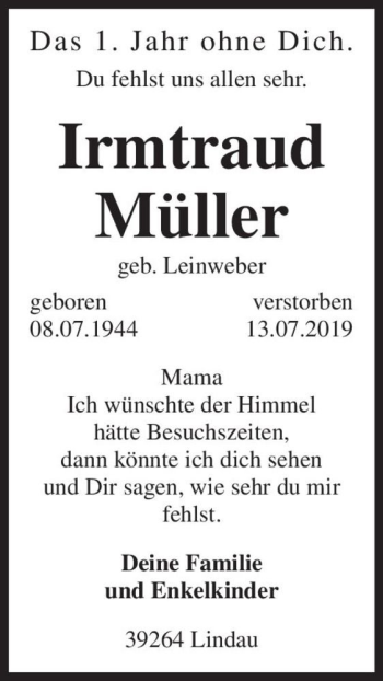 Traueranzeige von Irmtraud Müller (geb. Leinweber)  von Magdeburger Volksstimme