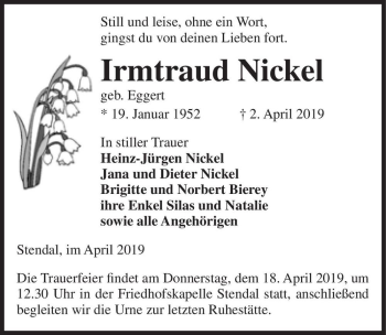 Traueranzeige von Irmtraud Nickel (geb. Eggert)  von Magdeburger Volksstimme