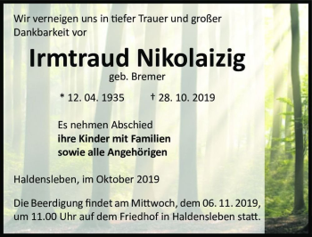 Traueranzeige von Irmtraud Nikolaizig (geb. Bremer)  von Magdeburger Volksstimme