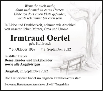 Traueranzeige von Irmtraud Oertel (geb. Kohlrusch)  von Magdeburger Volksstimme