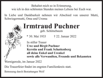 Traueranzeige von Irmtraud Puchner (geb. Schönebaum)  von Magdeburger Volksstimme