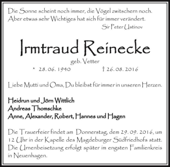 Traueranzeige von Irmtraud Reinecke (geb. Vetter)  von Magdeburger Volksstimme