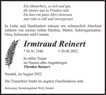 Traueranzeige von Irmtraud Reinert  von Magdeburger Volksstimme