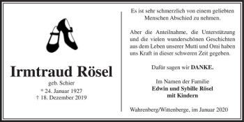 Traueranzeige von Irmtraud Rösel (geb. Schier)  von Magdeburger Volksstimme