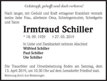 Traueranzeige von Irmtraud Schiller  von Magdeburger Volksstimme