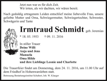 Traueranzeige von Irmtraud Schmidt (geb. Jeremias)  von Magdeburger Volksstimme