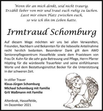 Traueranzeige von Irmtraud Schomburg  von Magdeburger Volksstimme